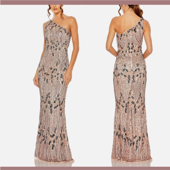 NWT $798 Mac Duggal [ 6 ] One Shoulder Embellished Gown in‎ Apricot Pink - Picture 2 of 13